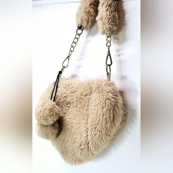 Beige Hobo Mini Tote Handbag Fluffy Fur Purse - Picture 3 of 5